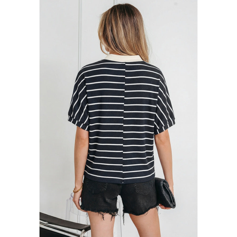 Black Stripe Stand Collar V Neck Elastic Cuffs Half Sleeve Dolman Top Tops/Blouses & Shirts