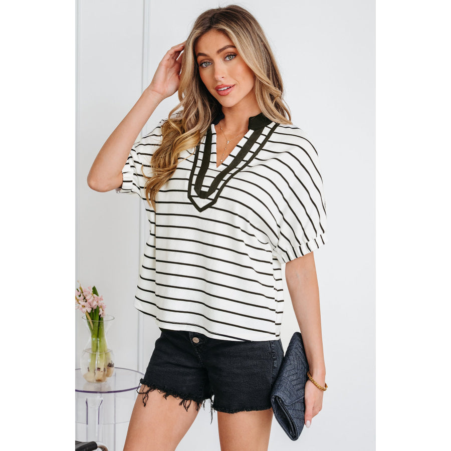 Black Stripe Stand Collar V Neck Elastic Cuffs Half Sleeve Dolman Top Tops/Blouses & Shirts