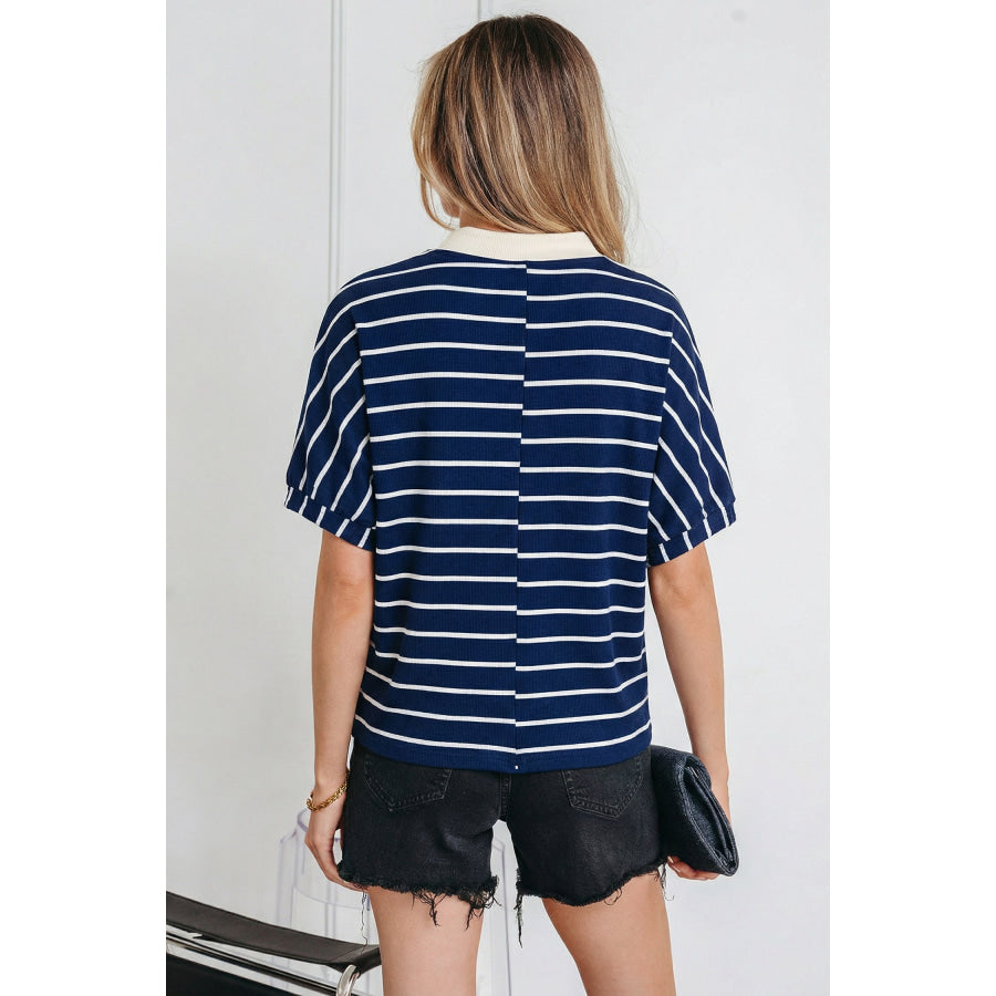 Black Stripe Stand Collar V Neck Elastic Cuffs Half Sleeve Dolman Top Tops/Blouses & Shirts