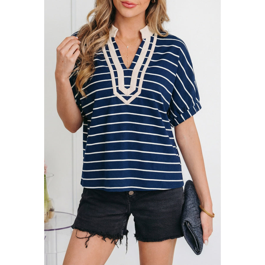 Black Stripe Stand Collar V Neck Elastic Cuffs Half Sleeve Dolman Top Tops/Blouses & Shirts