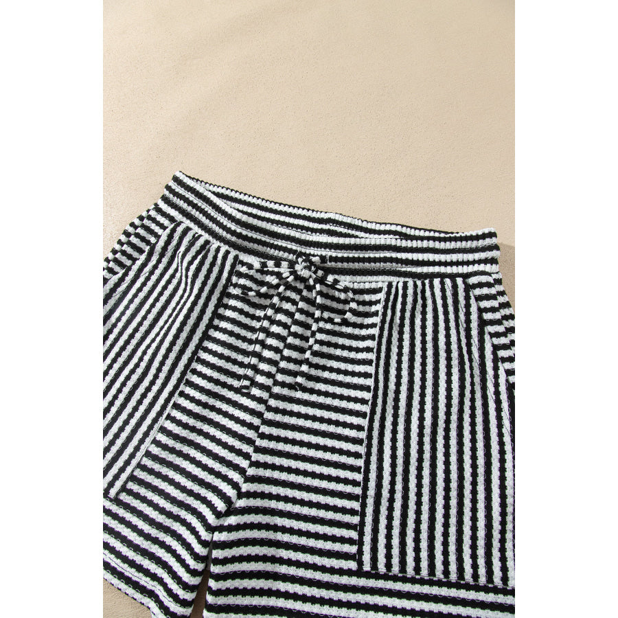 Black Stripe Textured Knit Long Sleeve Top Elastic Waist Shorts Casual Outfit Two Piece Sets/Short Sets