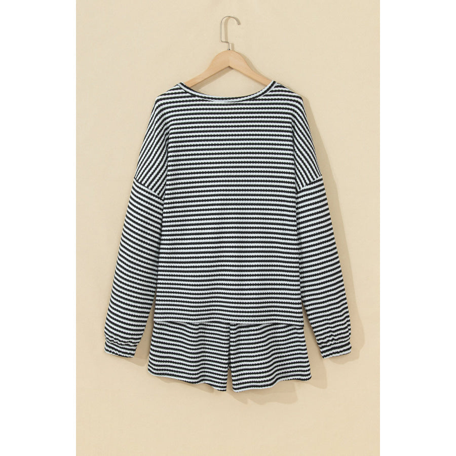 Black Stripe Textured Knit Long Sleeve Top Elastic Waist Shorts Casual Outfit Two Piece Sets/Short Sets