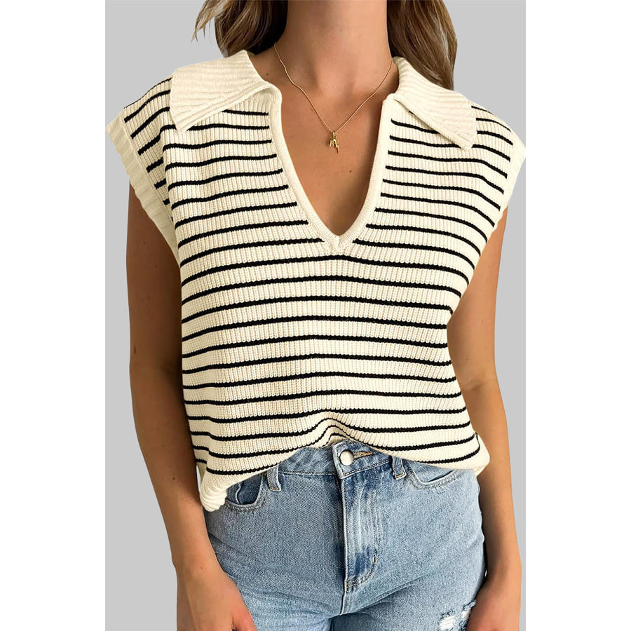Black Stripe Turn-down V Neck Sweater Tank Top Beige Stripe / S / 50% Viscose + 28% Polyester + 22% Polyamide Sweaters & Cardigans/Sweater