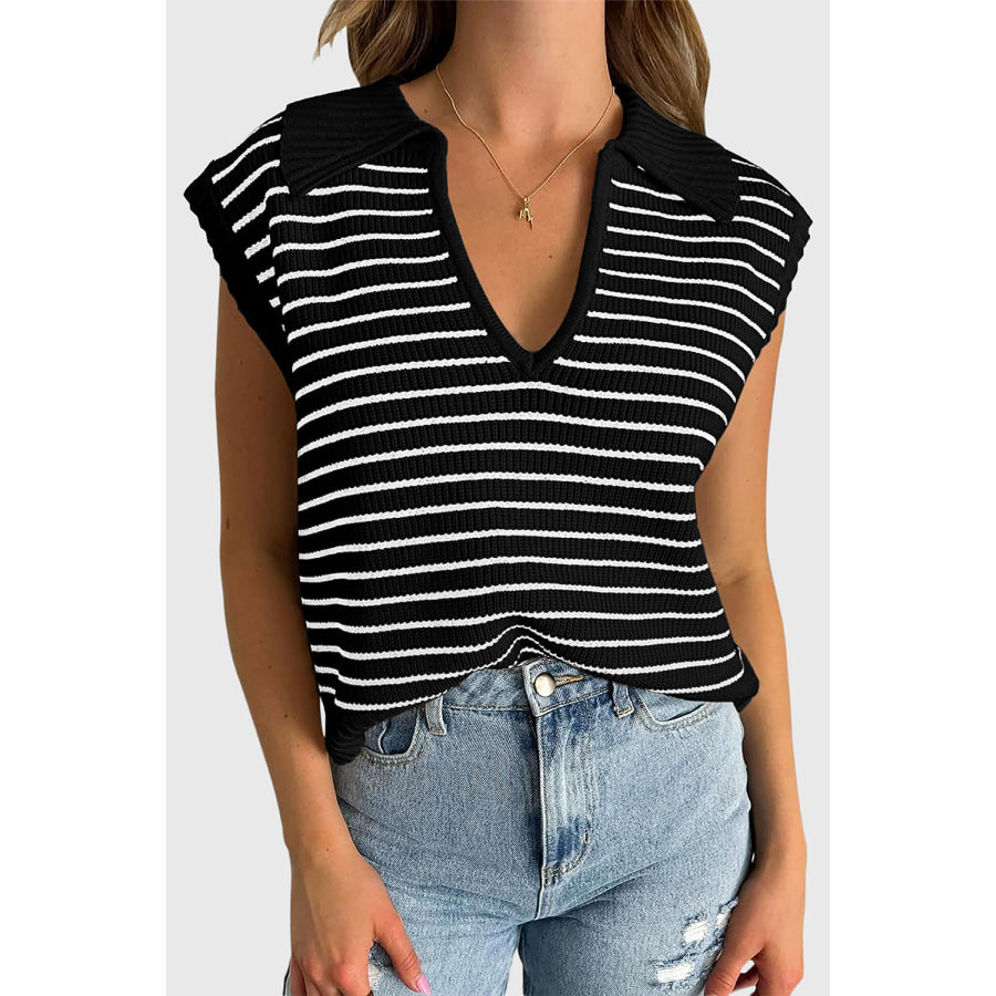 Black Stripe Turn-down V Neck Sweater Tank Top Black Stripe / S / 50% Viscose + 28% Polyester + 22% Polyamide Sweaters & Cardigans/Sweater