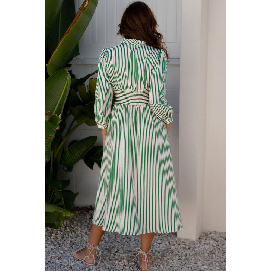 Black Stripe V Neck Zip Front Cinched High Waist Midi Dress Dresses/Midi Dresses