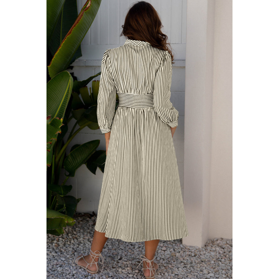 Black Stripe V Neck Zip Front Cinched High Waist Midi Dress Black Stripe / S / 60% Polyester + 35% Cotton + 5% Elastane Dresses/Midi Dresses