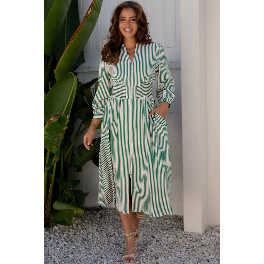 Black Stripe V Neck Zip Front Cinched High Waist Midi Dress Green Stripe / S / 60% Polyester + 35% Cotton + 5% Elastane Dresses/Midi Dresses