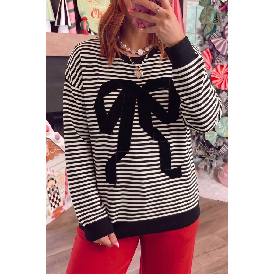 Black Stripe Velvet Bow Pattern Dropped Shoulder Loose Sweatshirt Black Stripe / S / 95% Cotton + 5% Elastane Tops/Sweatshirts & Hoodies