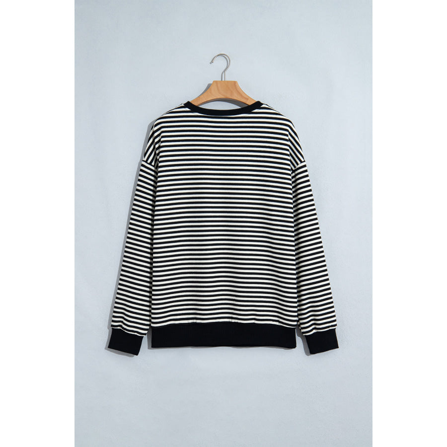 Black Stripe Velvet Bow Pattern Dropped Shoulder Loose Sweatshirt Tops/Sweatshirts & Hoodies