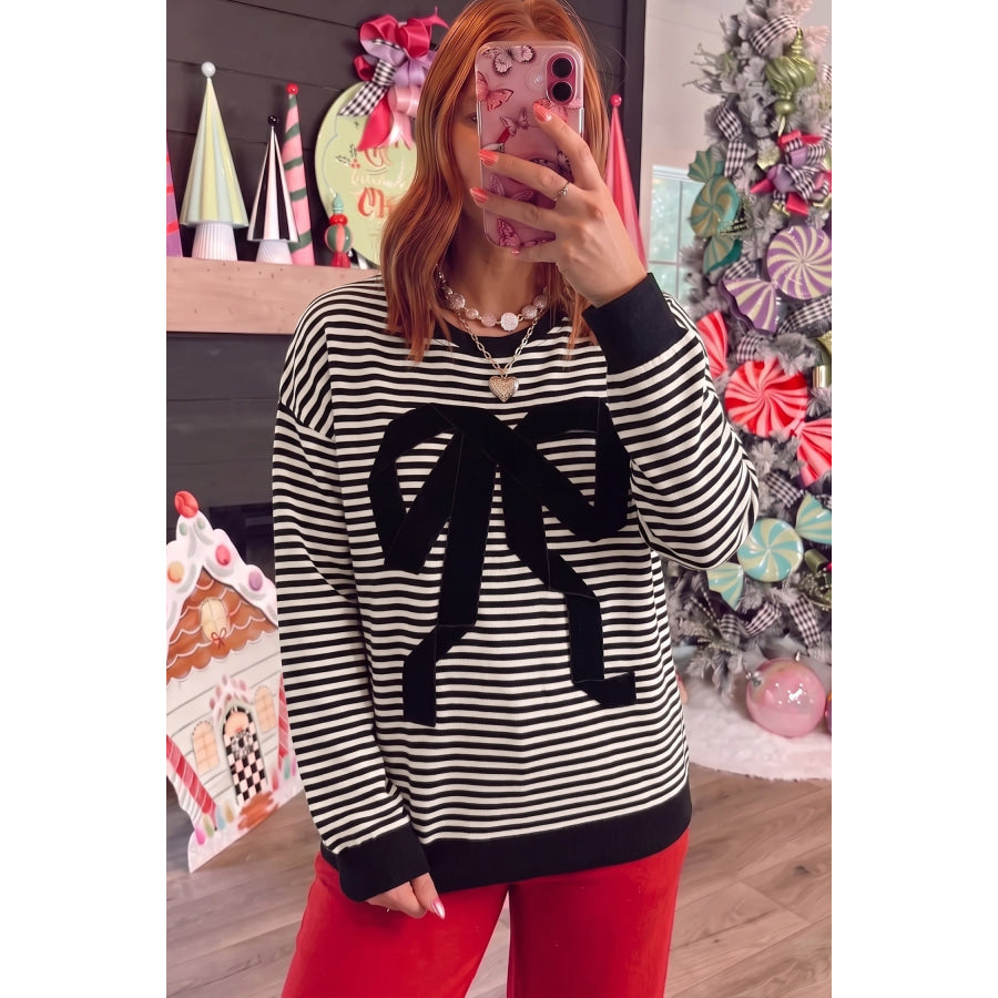 Black Stripe Velvet Bow Pattern Dropped Shoulder Loose Sweatshirt Tops/Sweatshirts & Hoodies