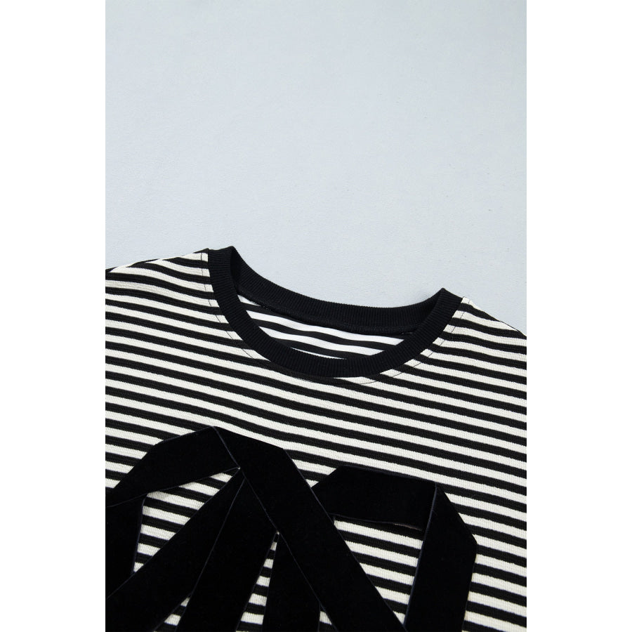 Black Stripe Velvet Bow Pattern Dropped Shoulder Loose Sweatshirt Tops/Sweatshirts & Hoodies
