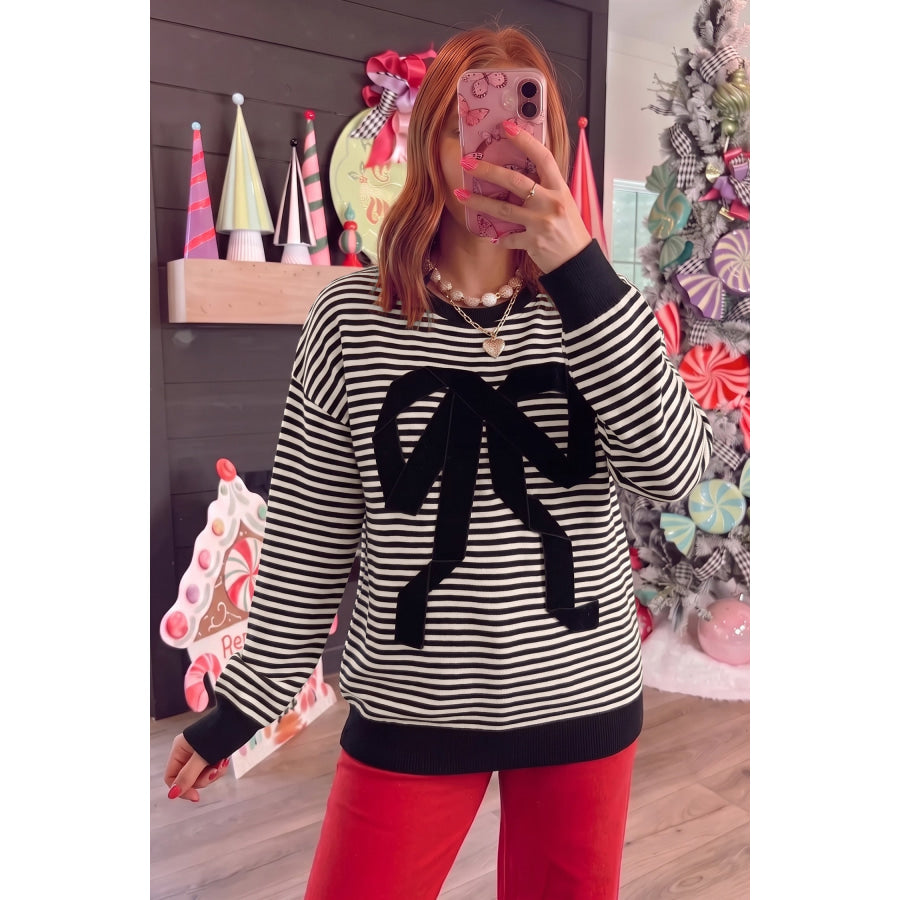 Black Stripe Velvet Bow Pattern Dropped Shoulder Loose Sweatshirt Tops/Sweatshirts & Hoodies