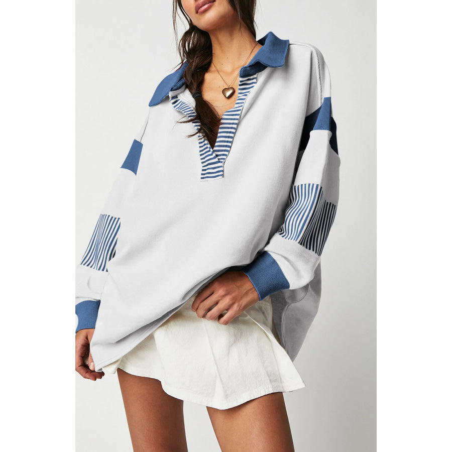 Black Striped Colorblock Patchwork Collar Sweatshirt Dark Blue / S / 50% Polyester + 50% Cotton Tops/Sweatshirts &amp; Hoodies