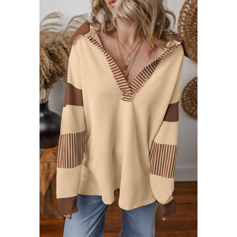 Black Striped Colorblock Patchwork Collar Sweatshirt Light French Beige / S / 50% Polyester + 50% Cotton Tops/Sweatshirts &amp; Hoodies