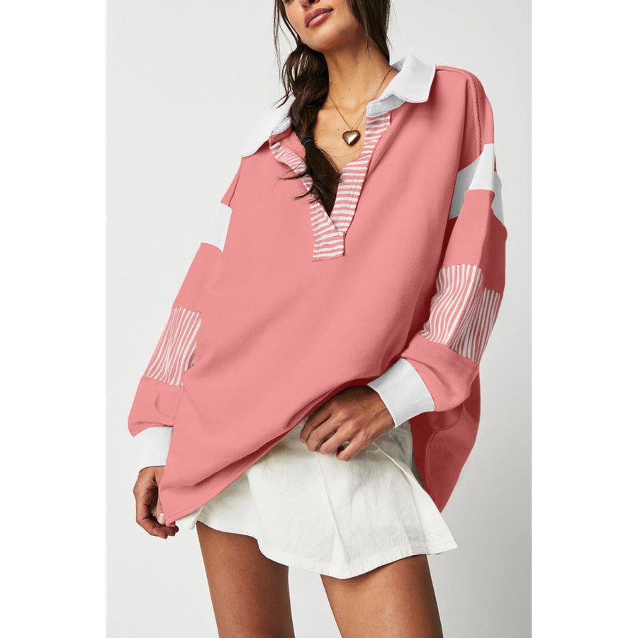 Black Striped Colorblock Patchwork Collar Sweatshirt Pale Chestnut / S / 50% Polyester + 50% Cotton Tops/Sweatshirts &amp; Hoodies