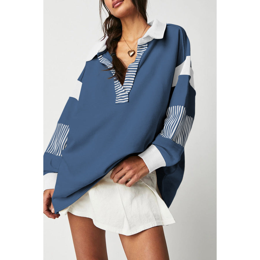 Black Striped Colorblock Patchwork Collar Sweatshirt Sail Blue / S / 50% Polyester + 50% Cotton Tops/Sweatshirts &amp; Hoodies