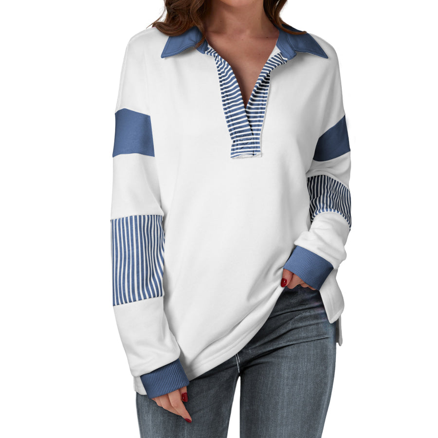 Black Striped Colorblock Patchwork Collar Sweatshirt Tops/Sweatshirts &amp; Hoodies