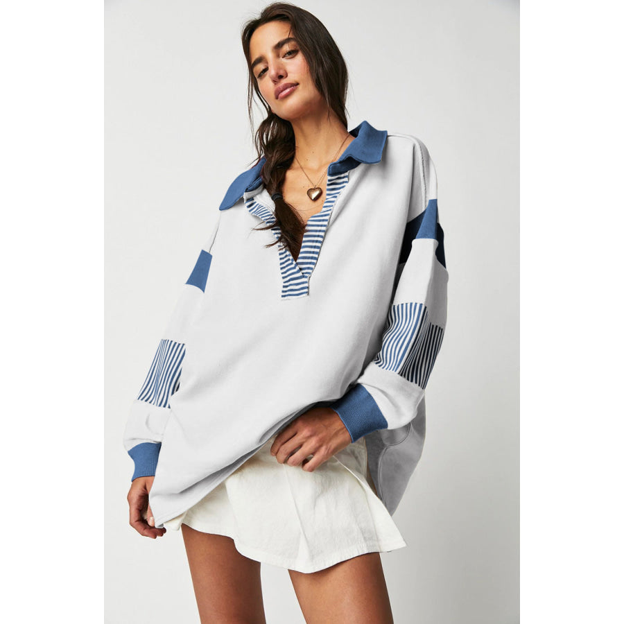 Black Striped Colorblock Patchwork Collar Sweatshirt Tops/Sweatshirts &amp; Hoodies
