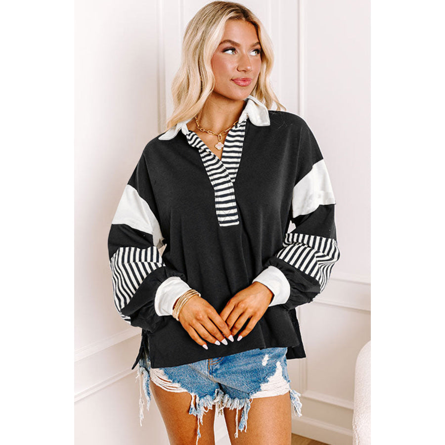 Black Striped Colorblock Patchwork Collar Sweatshirt Black / S / 50% Polyester + 50% Cotton Tops/Sweatshirts & Hoodies