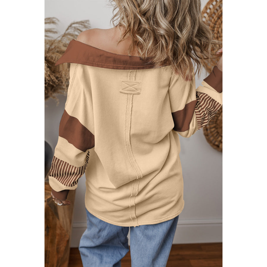 Black Striped Colorblock Patchwork Collar Sweatshirt Tops/Sweatshirts &amp; Hoodies