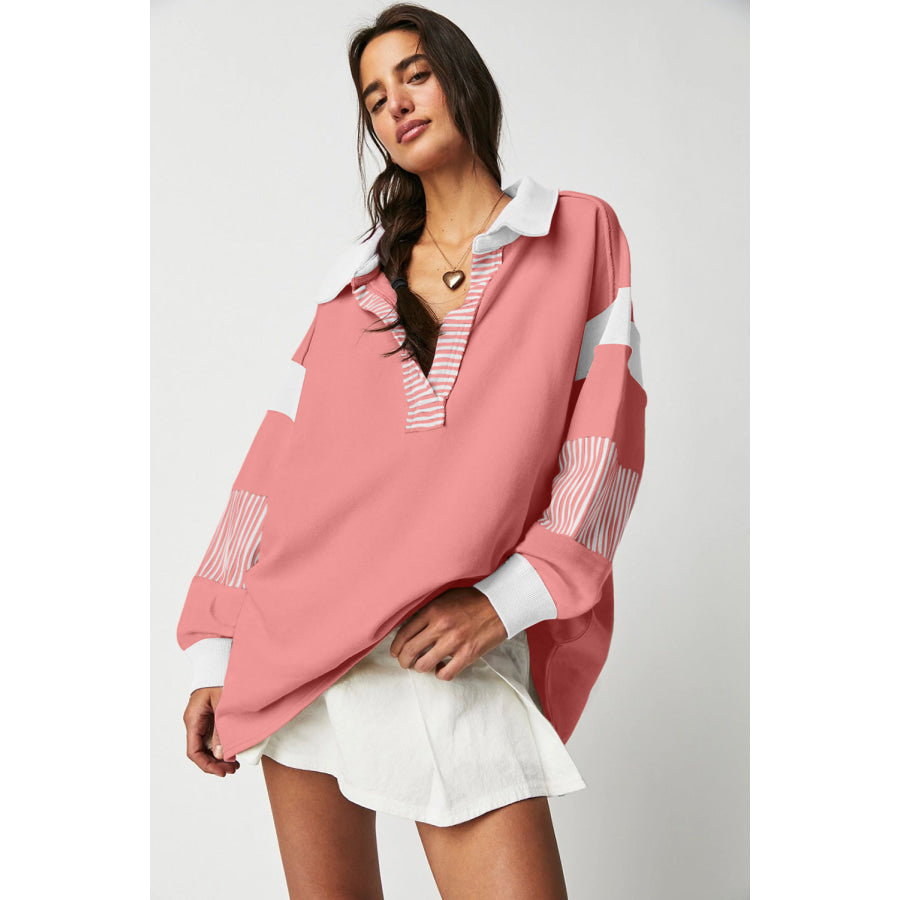 Black Striped Colorblock Patchwork Collar Sweatshirt Tops/Sweatshirts &amp; Hoodies