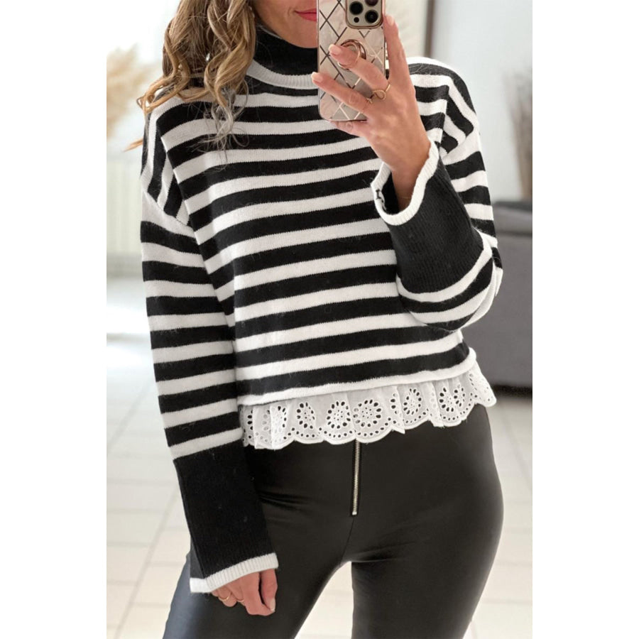 Black Striped High Neck Contrast Ruffle Detail Casual Sweater Black / S Sweaters & Cardigans/Sweaters