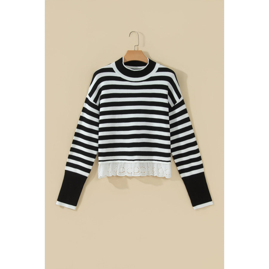 Black Striped High Neck Contrast Ruffle Detail Casual Sweater Sweaters & Cardigans/Sweaters
