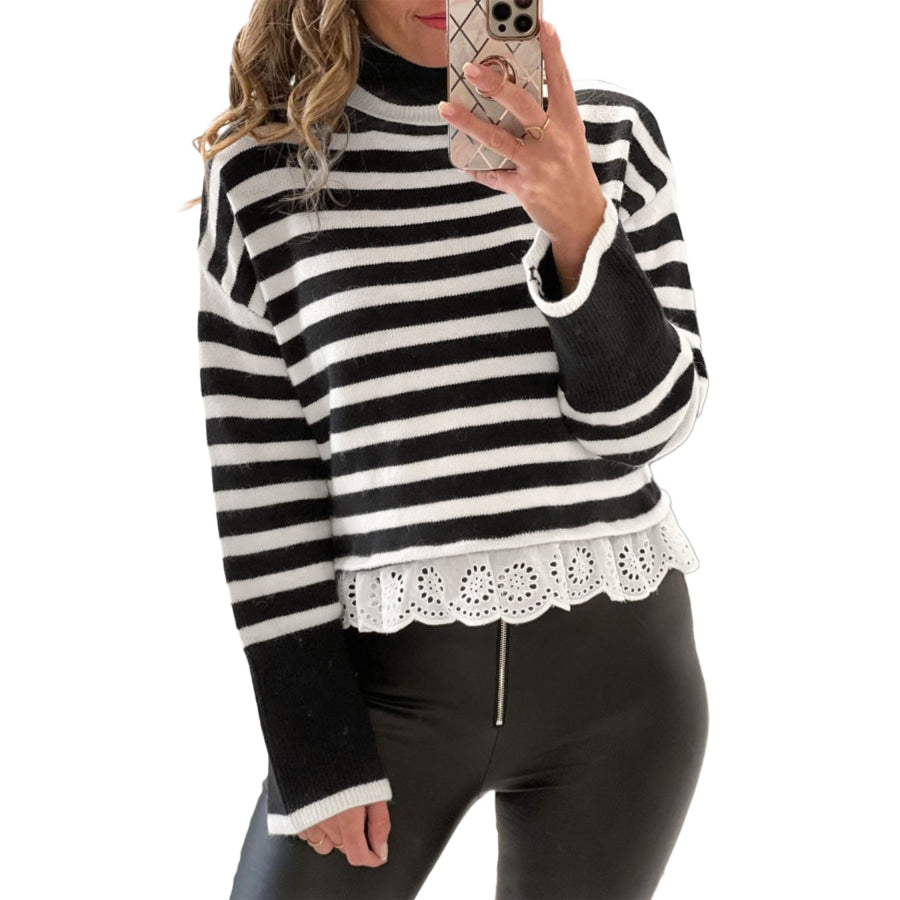 Black Striped High Neck Contrast Ruffle Detail Casual Sweater Sweaters & Cardigans/Sweaters