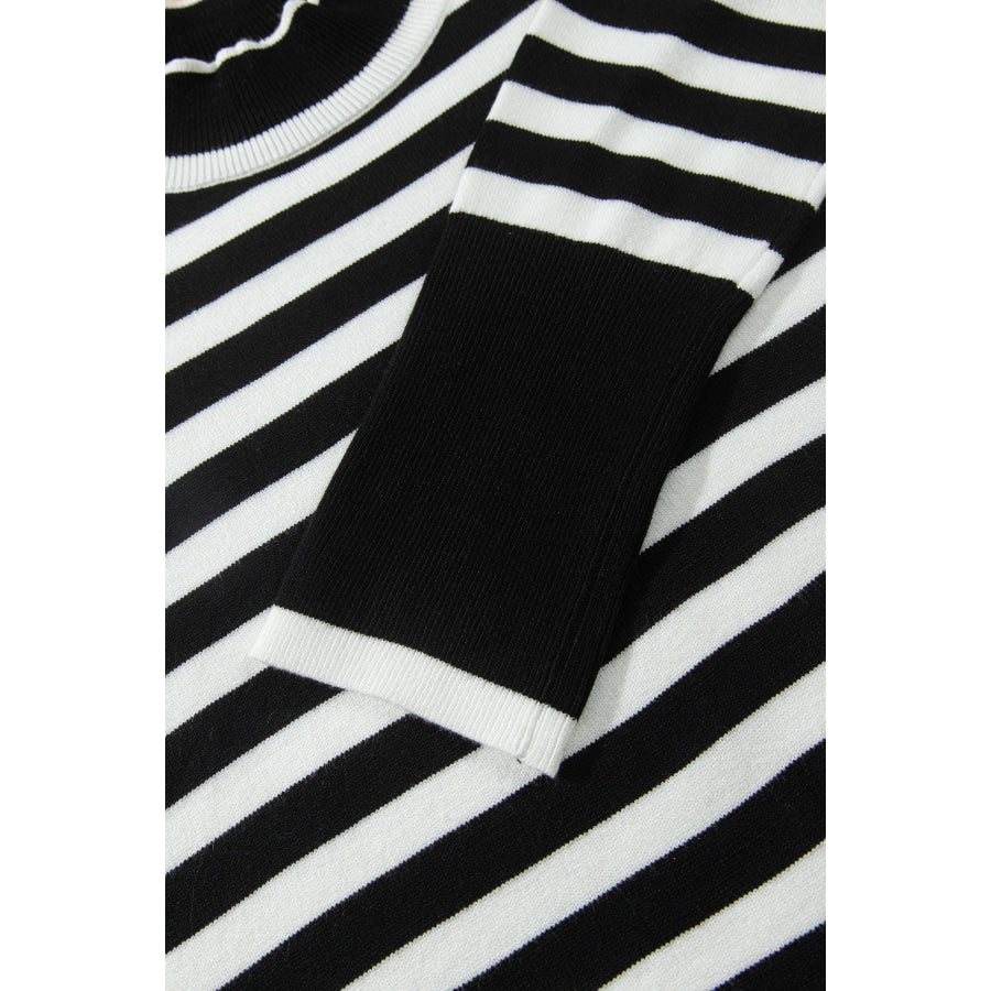 Black Striped High Neck Contrast Ruffle Detail Casual Sweater Sweaters & Cardigans/Sweaters