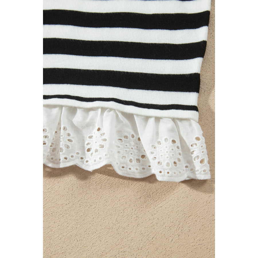 Black Striped High Neck Contrast Ruffle Detail Casual Sweater Sweaters & Cardigans/Sweaters
