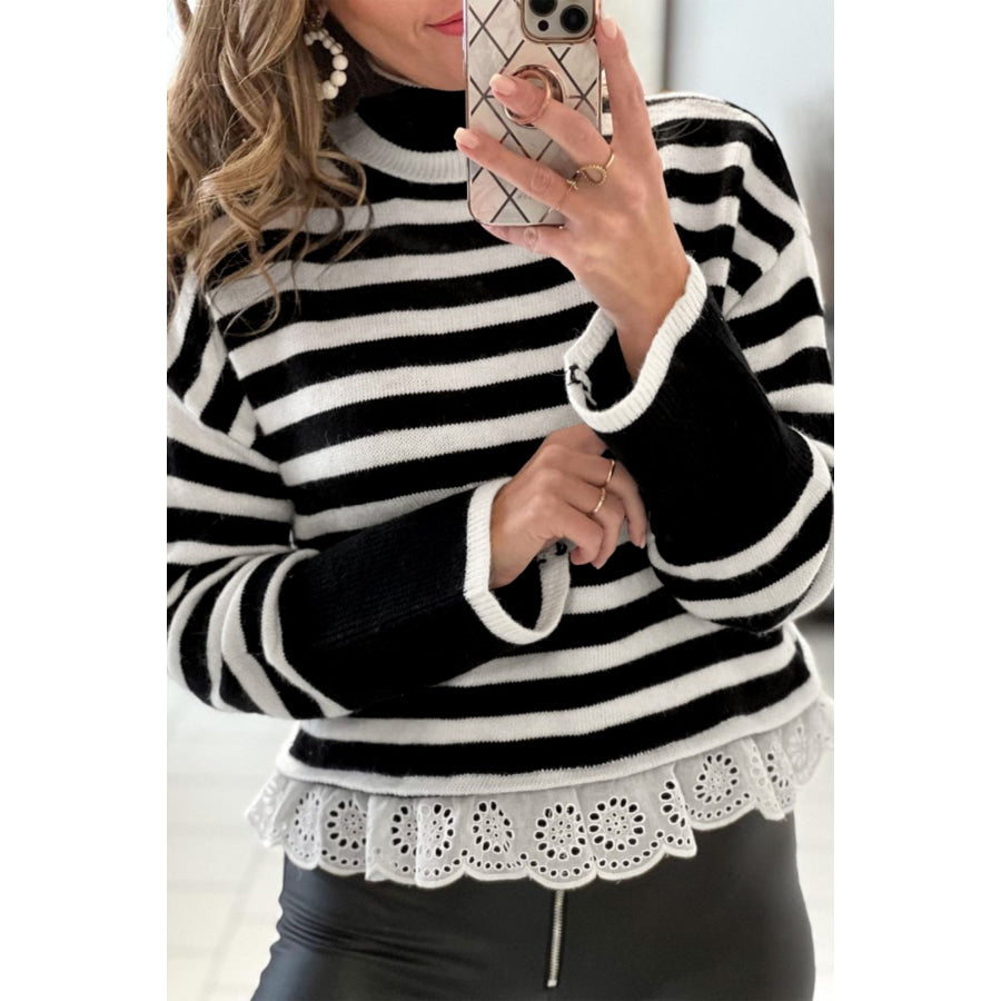 Black Striped High Neck Contrast Ruffle Detail Casual Sweater Sweaters & Cardigans/Sweaters