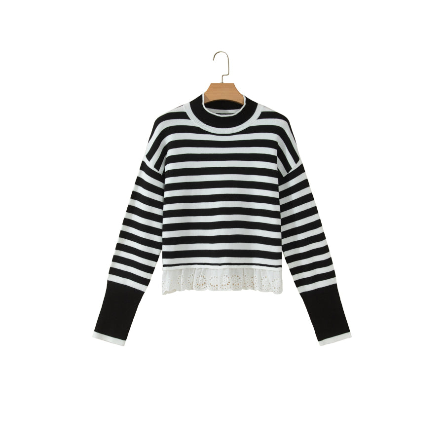 Black Striped High Neck Contrast Ruffle Detail Casual Sweater Sweaters & Cardigans/Sweaters