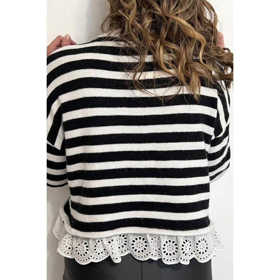 Black Striped High Neck Contrast Ruffle Detail Casual Sweater Sweaters & Cardigans/Sweaters