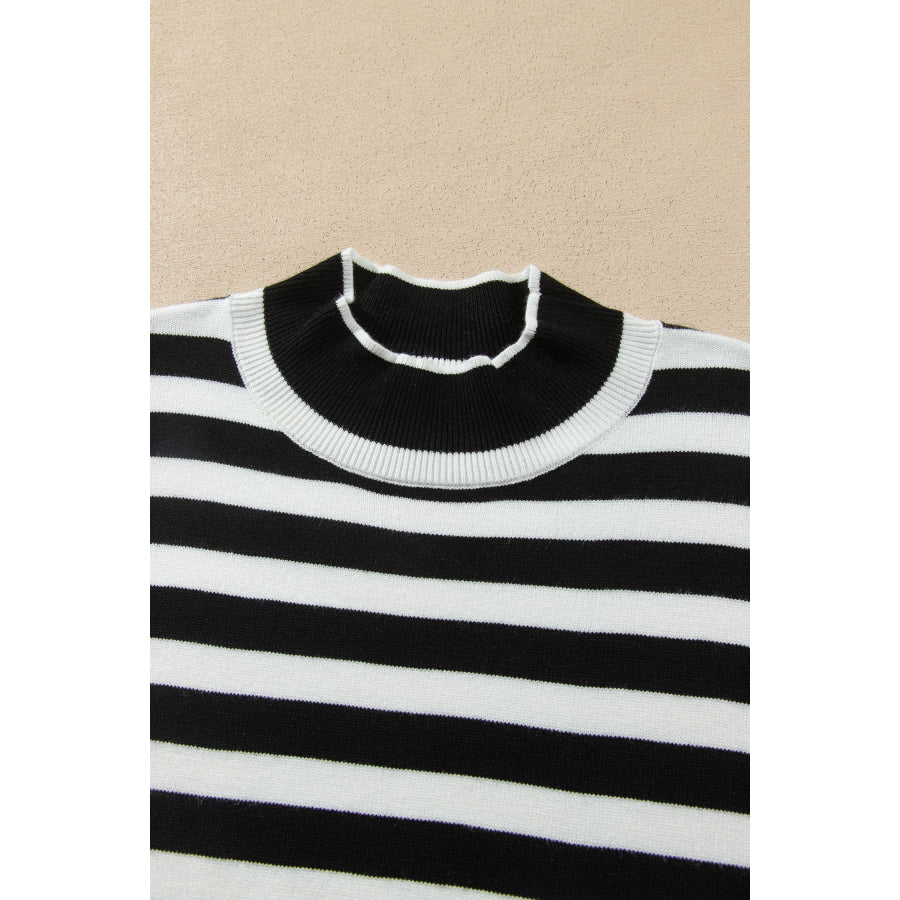 Black Striped High Neck Contrast Ruffle Detail Casual Sweater Sweaters & Cardigans/Sweaters