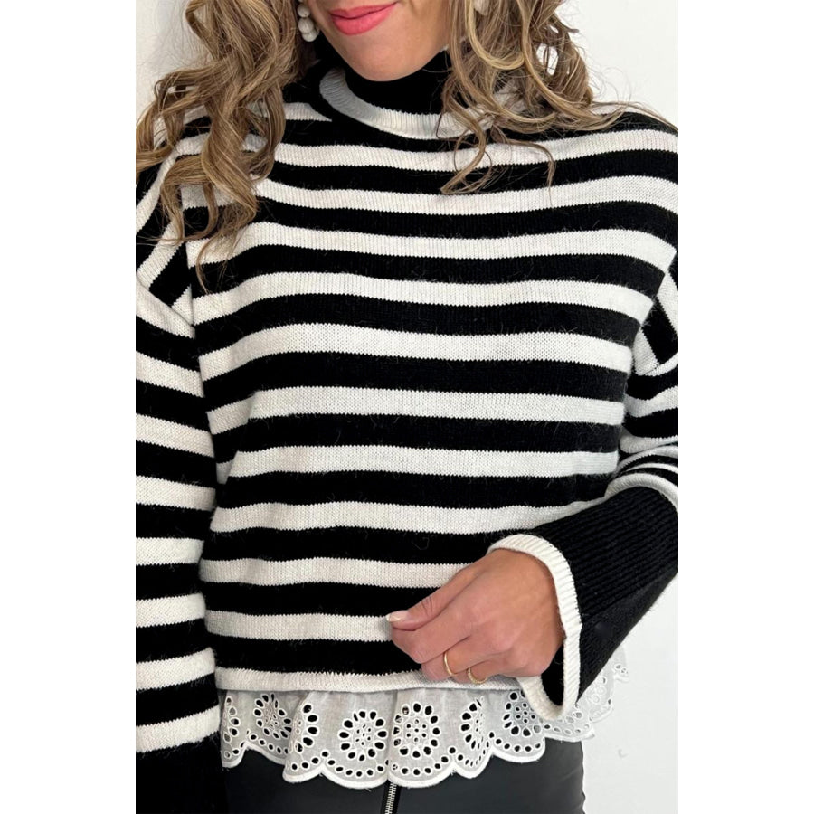 Black Striped High Neck Contrast Ruffle Detail Casual Sweater Sweaters & Cardigans/Sweaters