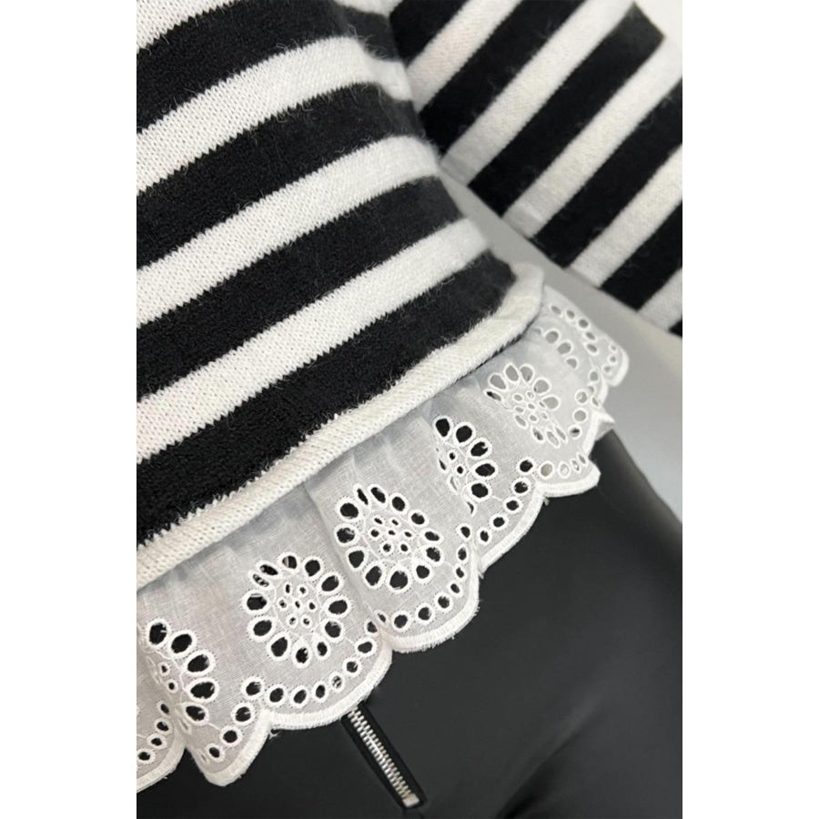 Black Striped High Neck Contrast Ruffle Detail Casual Sweater Sweaters & Cardigans/Sweaters