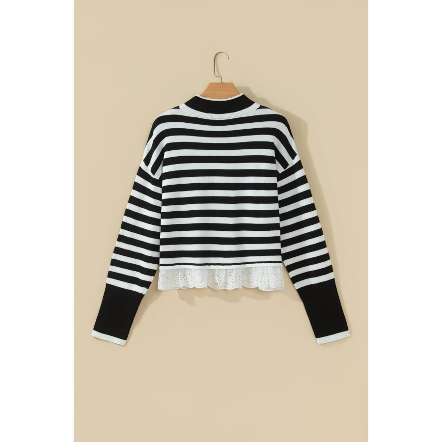 Black Striped High Neck Contrast Ruffle Detail Casual Sweater Sweaters & Cardigans/Sweaters