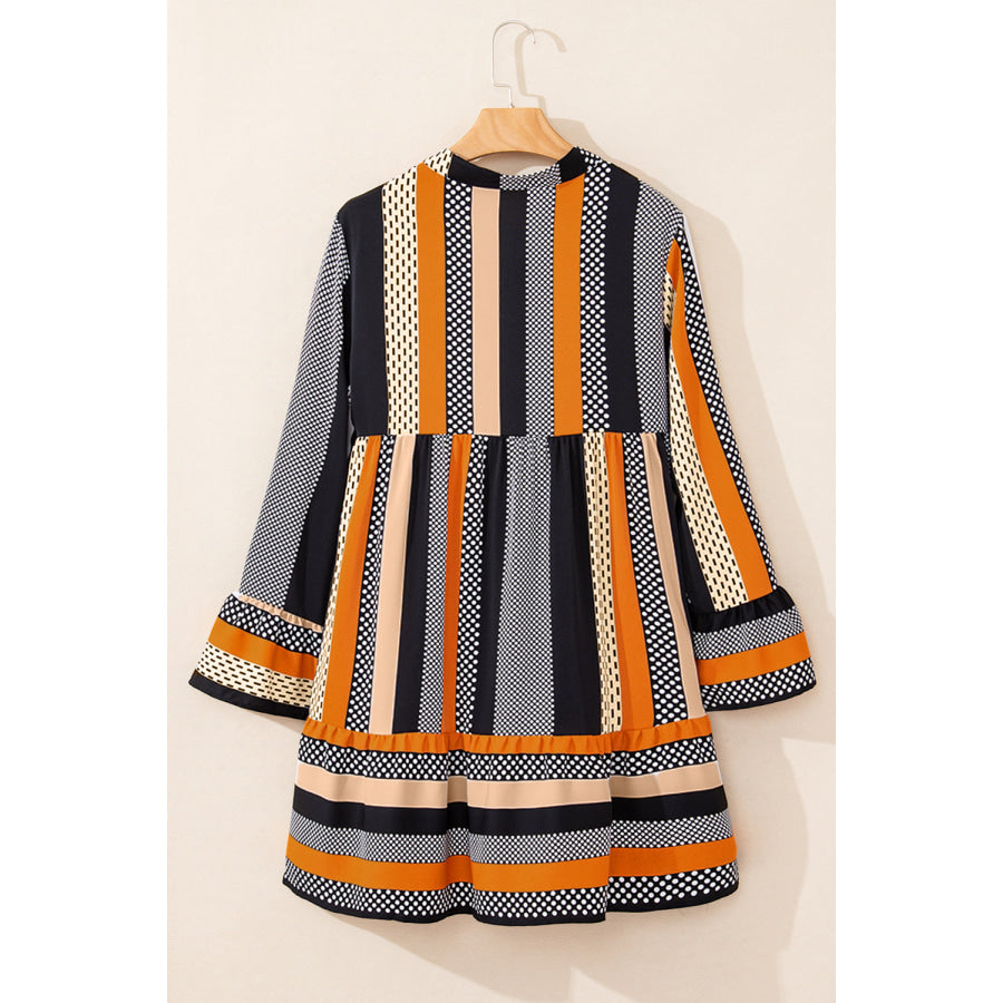 Black Striped Polka Dot Print Ruffled Hem V Neck Mini Dress Dresses/Mini Dresses