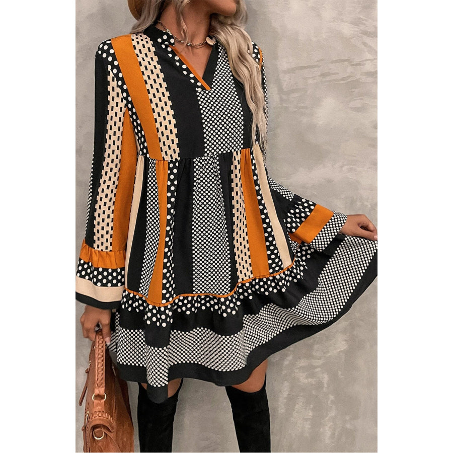 Black Striped Polka Dot Print Ruffled Hem V Neck Mini Dress Dresses/Mini Dresses
