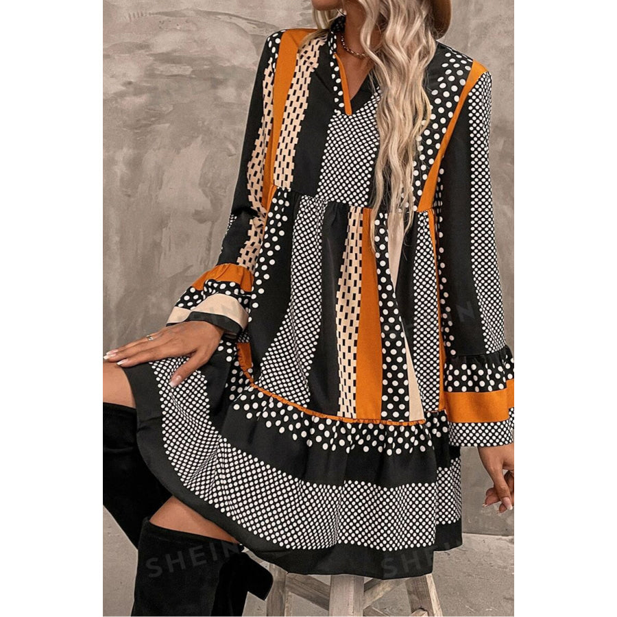 Black Striped Polka Dot Print Ruffled Hem V Neck Mini Dress Dresses/Mini Dresses