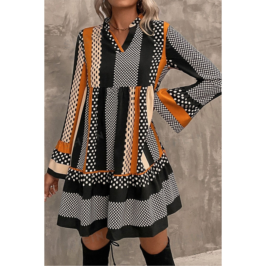 Black Striped Polka Dot Print Ruffled Hem V Neck Mini Dress Dresses/Mini Dresses