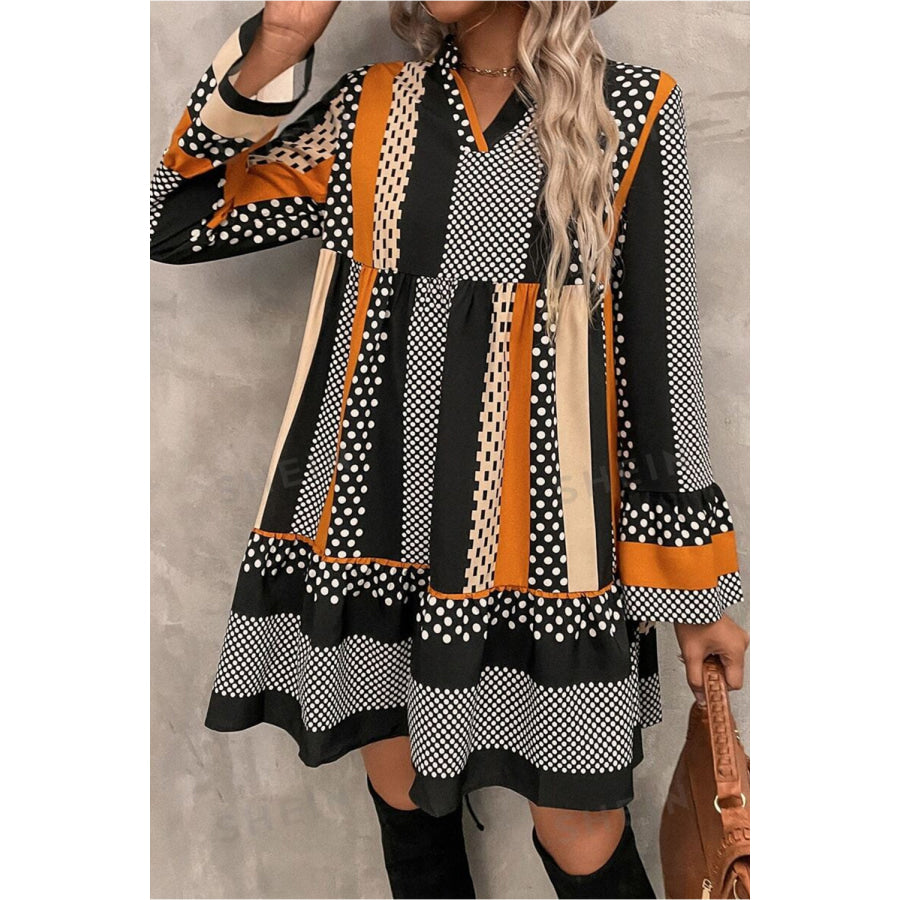 Black Striped Polka Dot Print Ruffled Hem V Neck Mini Dress Dresses/Mini Dresses