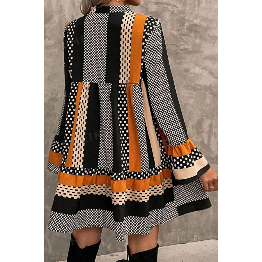 Black Striped Polka Dot Print Ruffled Hem V Neck Mini Dress Dresses/Mini Dresses