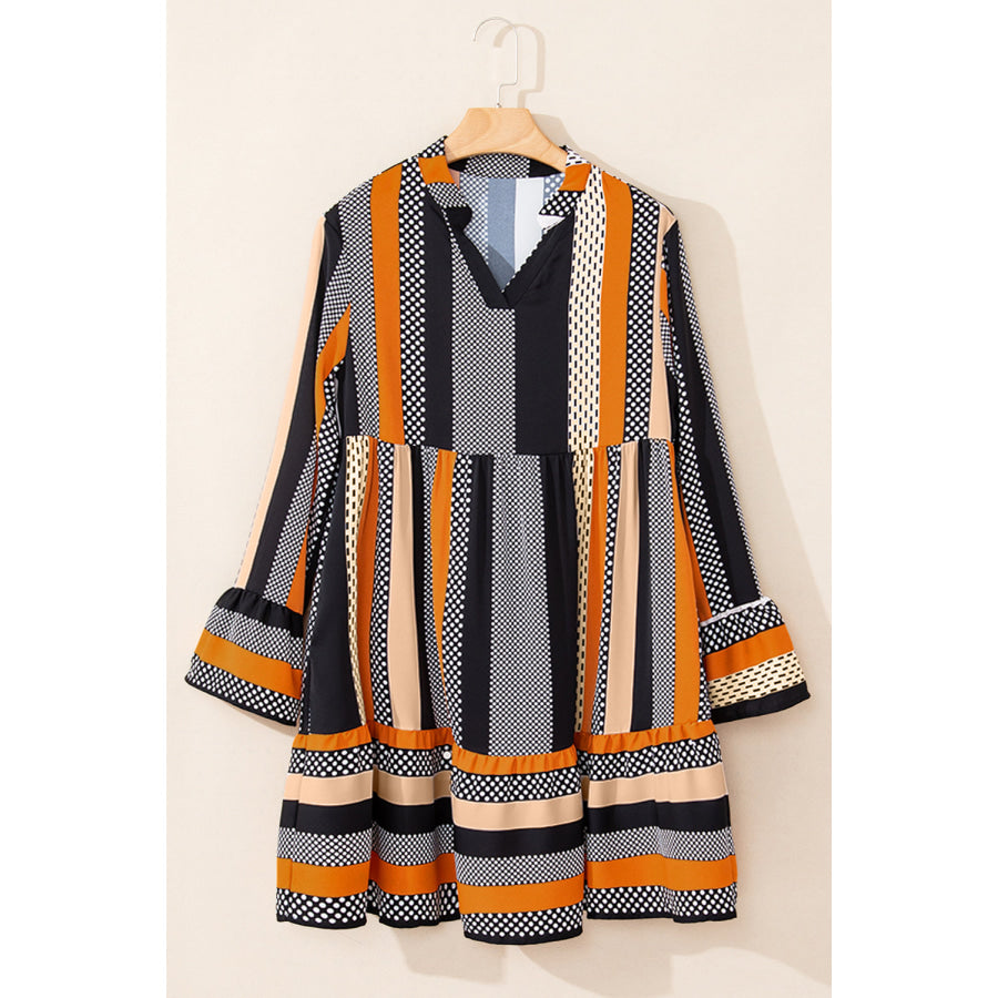 Black Striped Polka Dot Print Ruffled Hem V Neck Mini Dress Dresses/Mini Dresses