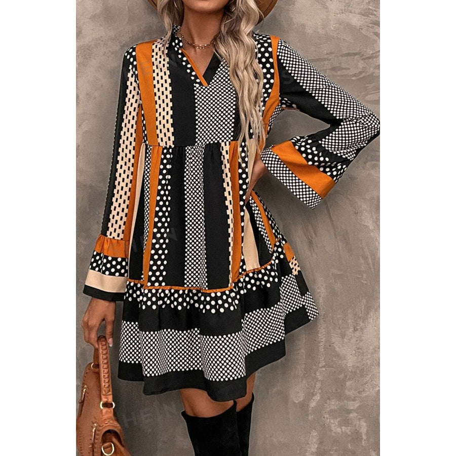Black Striped Polka Dot Print Ruffled Hem V Neck Mini Dress Black / S / 100% Polyester Dresses/Mini Dresses