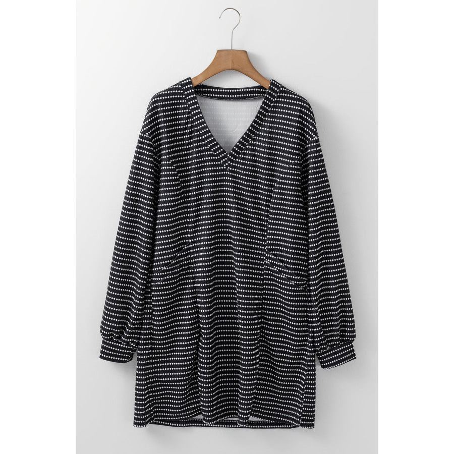 Black Striped V Neck Long Puff Sleeve Shift Dress Black / S / 100% Polyester Dresses/Mini Dresses