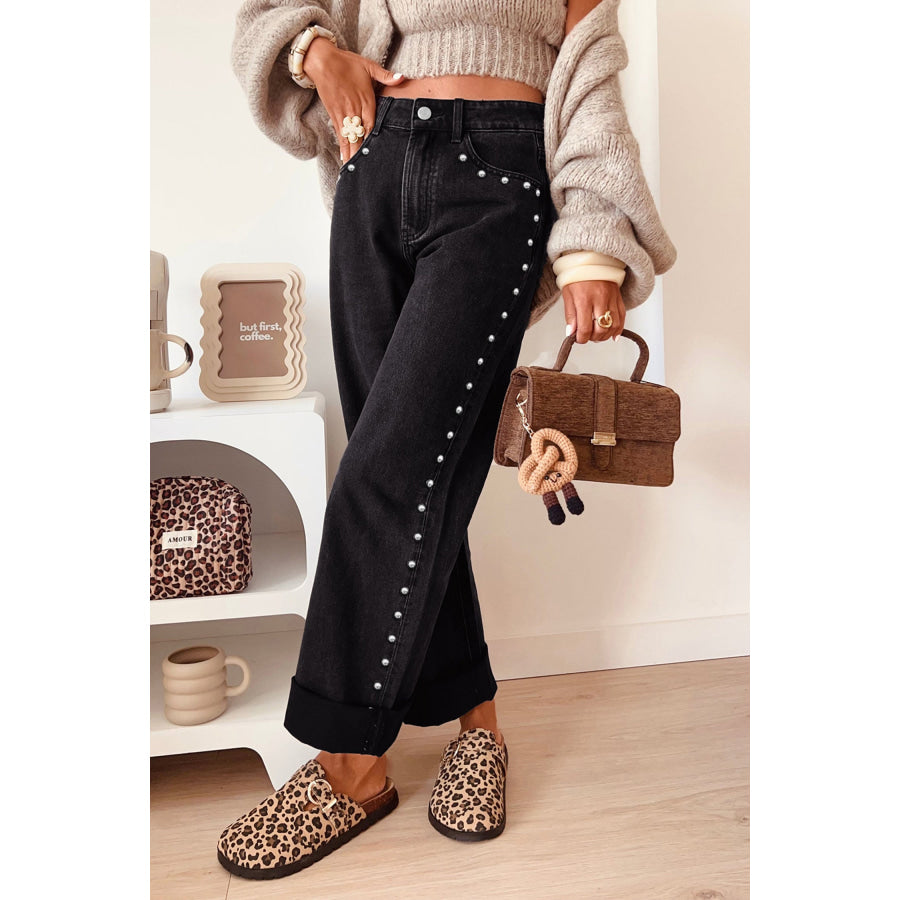 Black Studded Detail Straight Leg Casual Loose Jeans Black / 4 Bottoms/Jeans