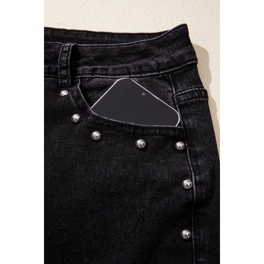 Black Studded Detail Straight Leg Casual Loose Jeans Bottoms/Jeans