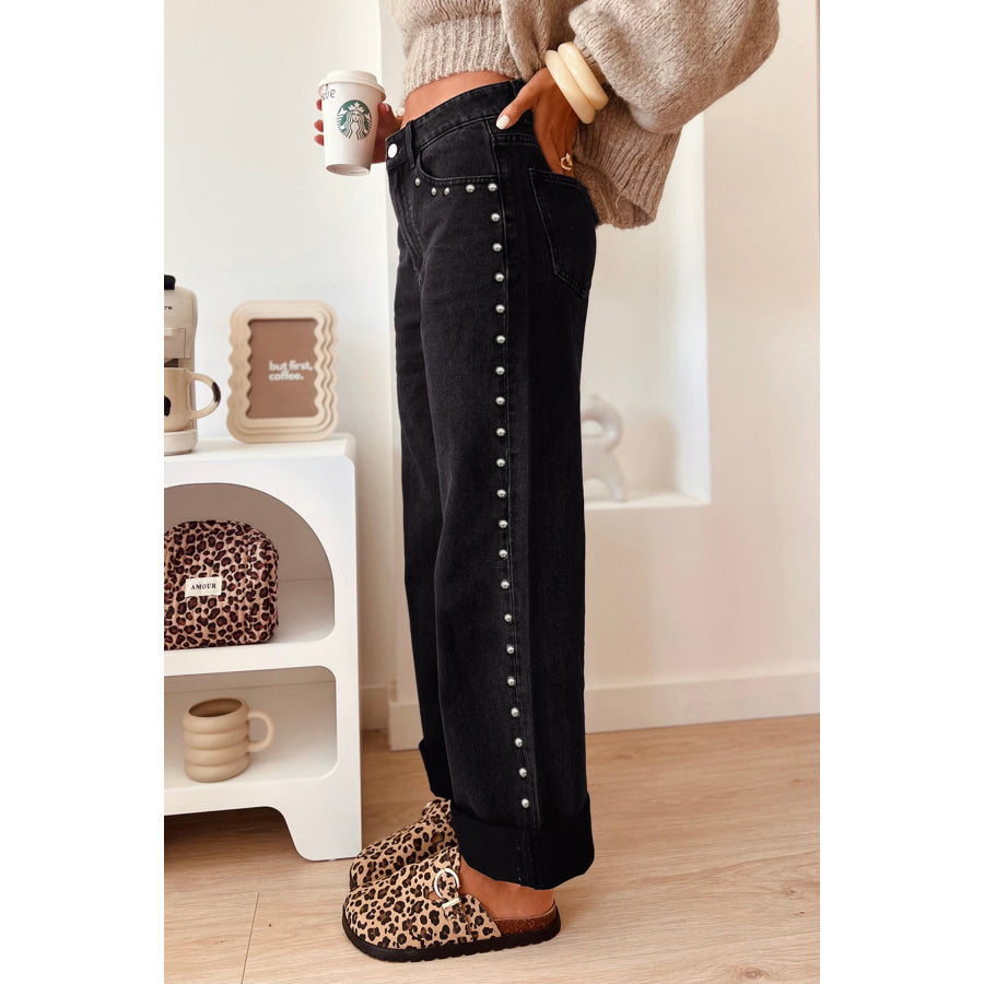 Black Studded Detail Straight Leg Casual Loose Jeans Black / 4 Bottoms/Jeans