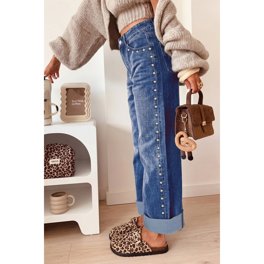 Black Studded Detail Straight Leg Casual Loose Jeans Bottoms/Jeans